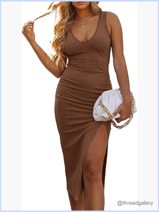 Dresses & Skirts - Sleeveless V Neck Bodycon Midi Dress Side Slit Ribbed Knit Pencil Party